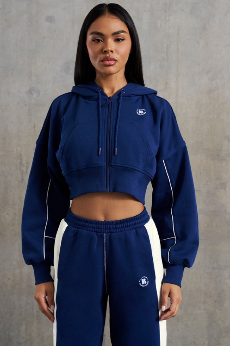 Navy Women's Bo And Tee Waffle Lined Cropped Zip Up Hooded Jacket Jackets | 21507-CVOR