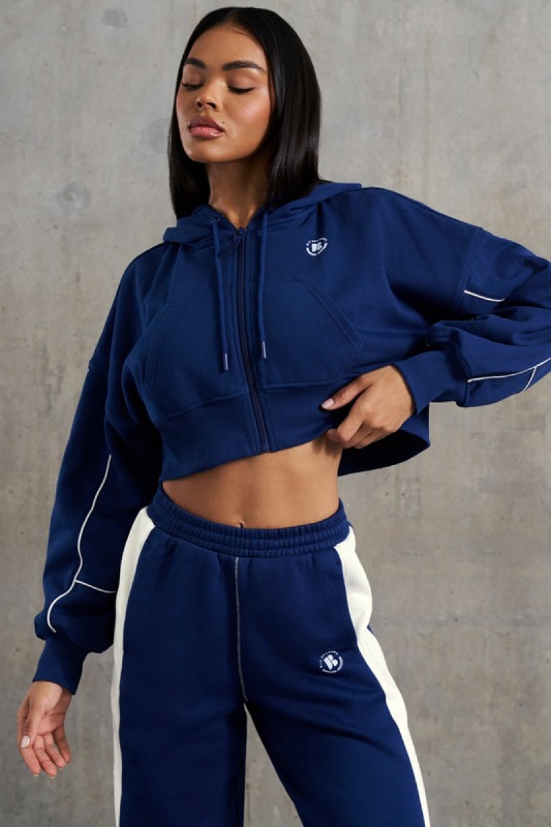 Navy Women's Bo And Tee Waffle Lined Cropped Zip Up Hooded Jacket Jackets | 21507-CVOR