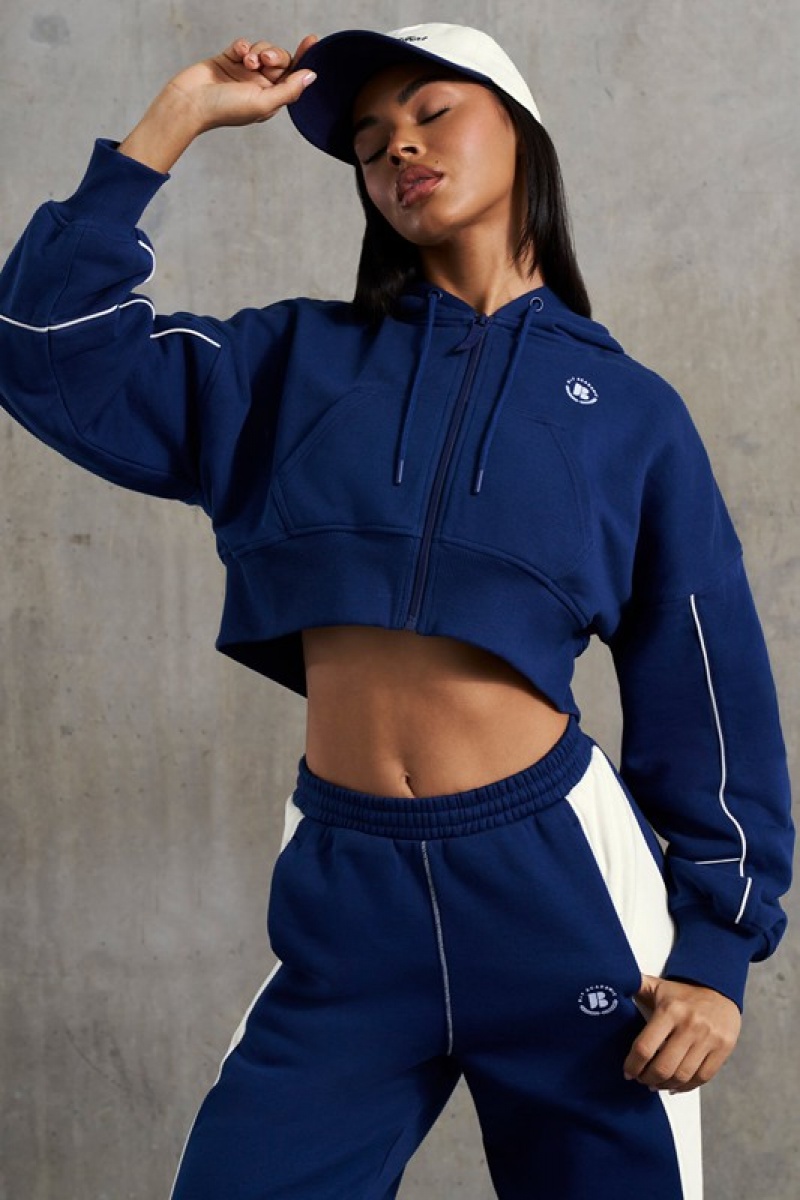 Navy Women's Bo And Tee Waffle Lined Cropped Zip Up Hooded Jacket Jackets | 21507-CVOR