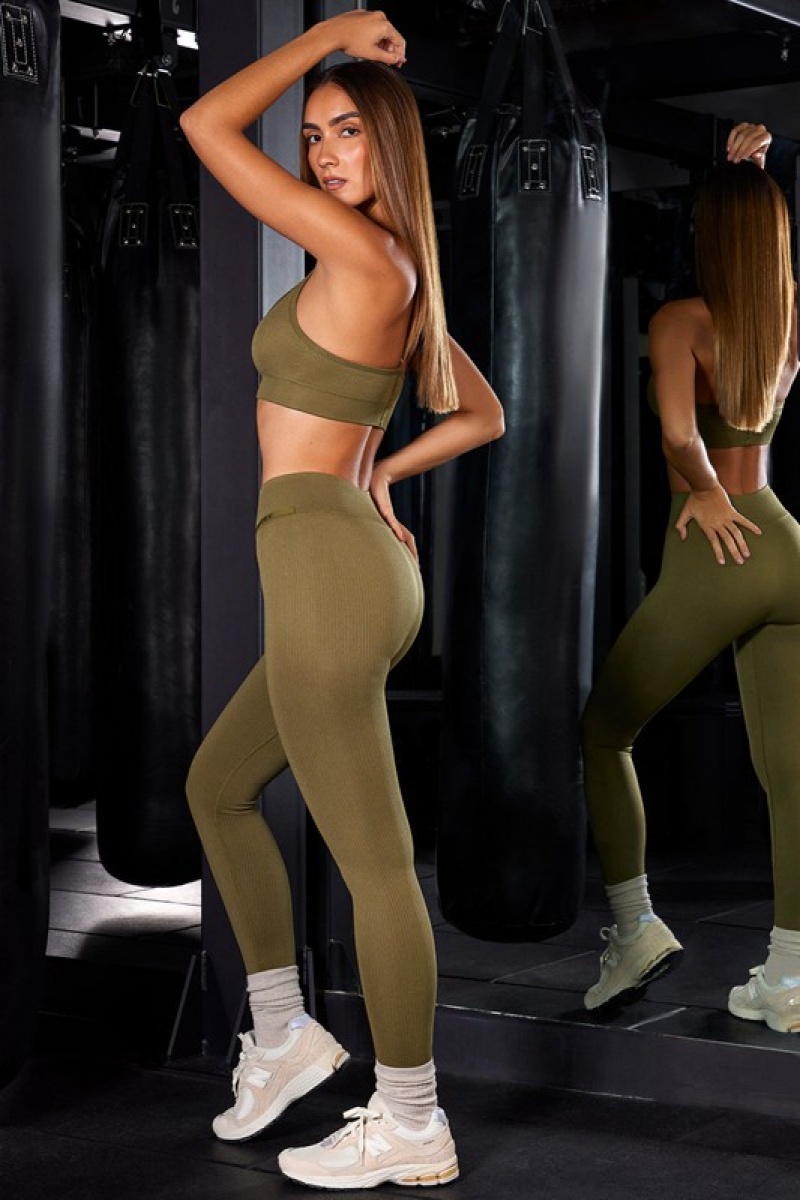 Olive Women's Bo And Tee High Waist Ribbed Leggings | 87514-EWTX