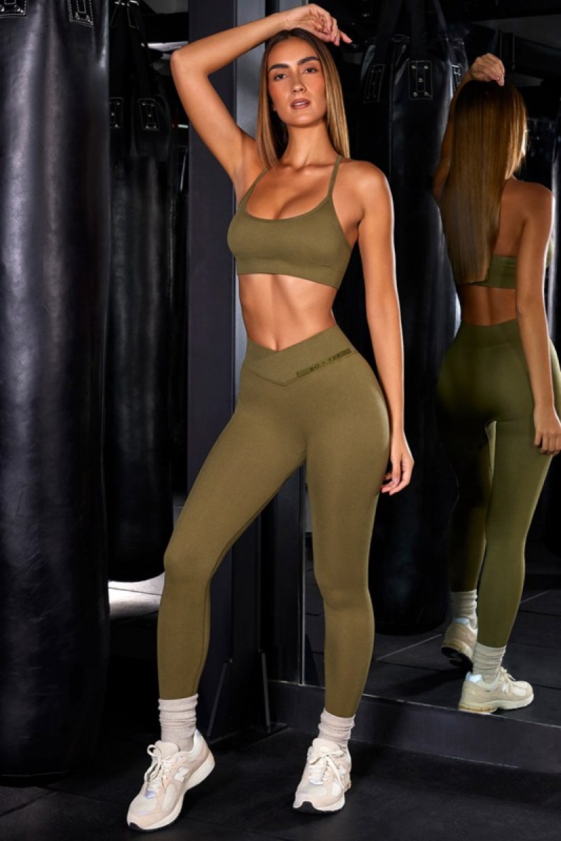 Olive Women\'s Bo And Tee High Waist Ribbed Leggings | 87514-EWTX