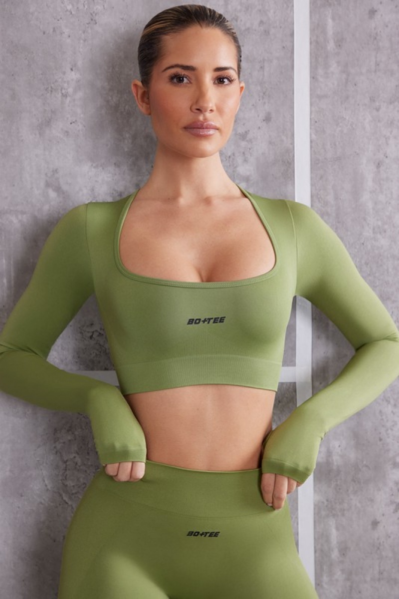 Olive Women's Bo And Tee Long Sleeve Crop Tops | 05637-MBKF