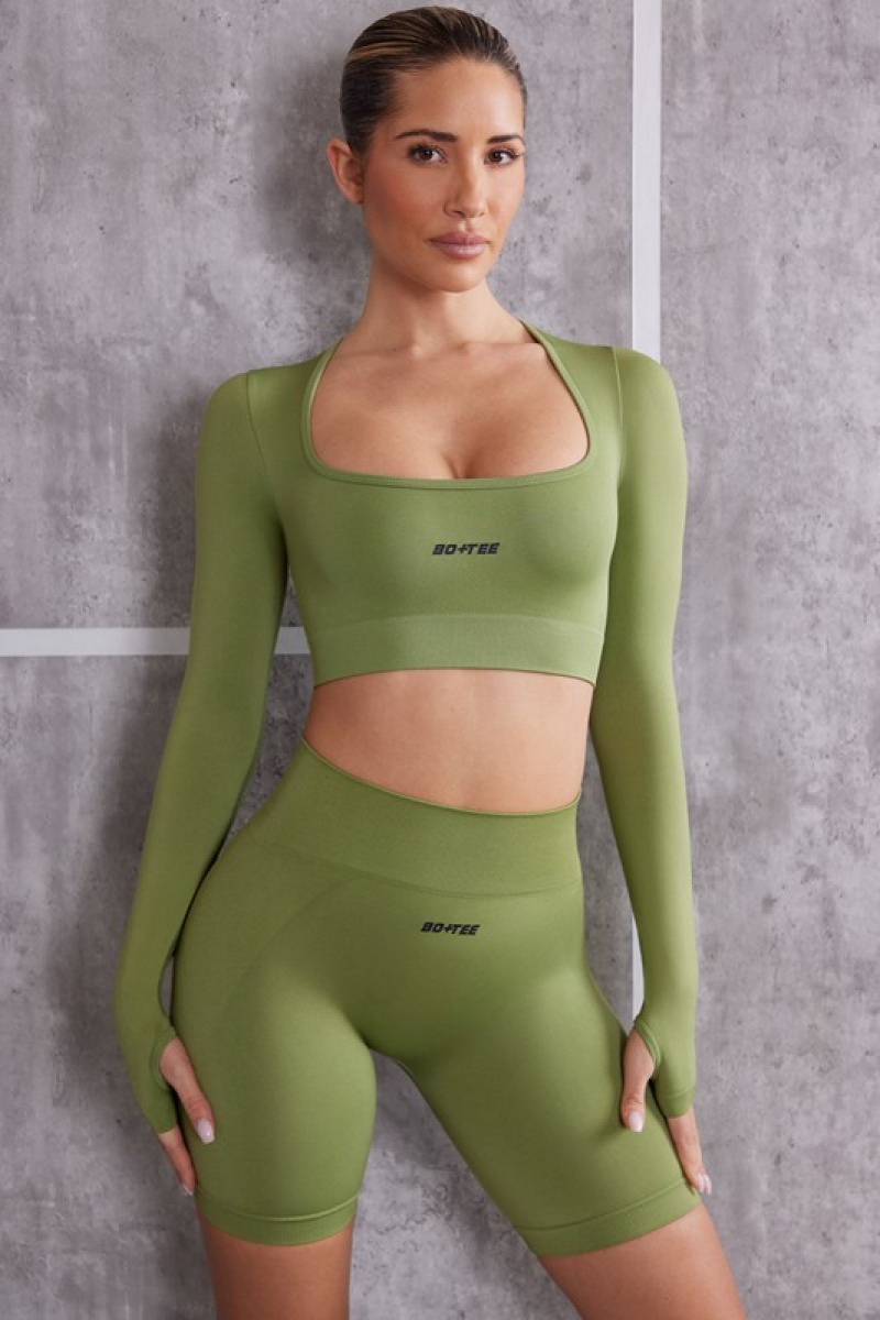 Olive Women's Bo And Tee Long Sleeve Crop Tops | 05637-MBKF