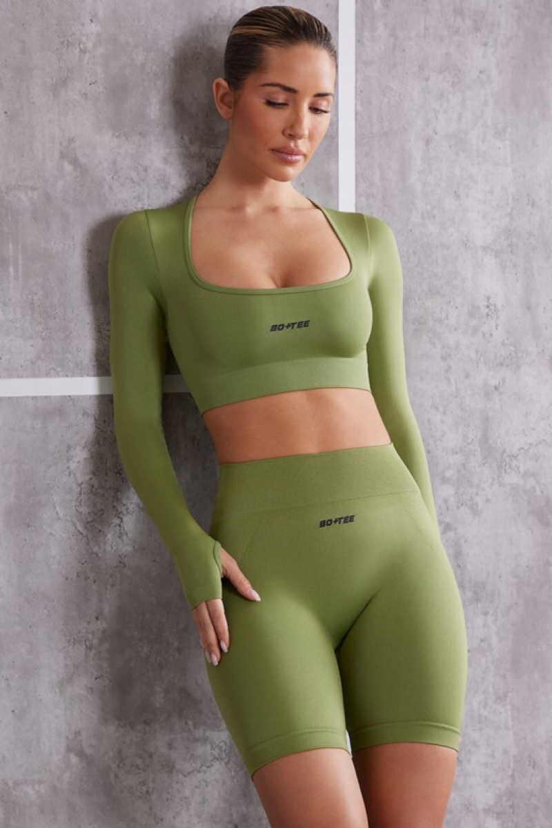 Olive Women's Bo And Tee Long Sleeve Crop Tops | 05637-MBKF