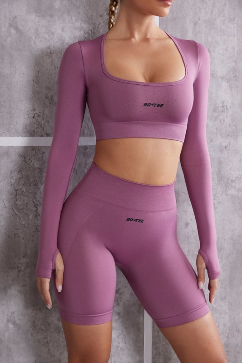 Purple Women's Bo And Tee Long Sleeve Crop Tops | 39164-GFWY