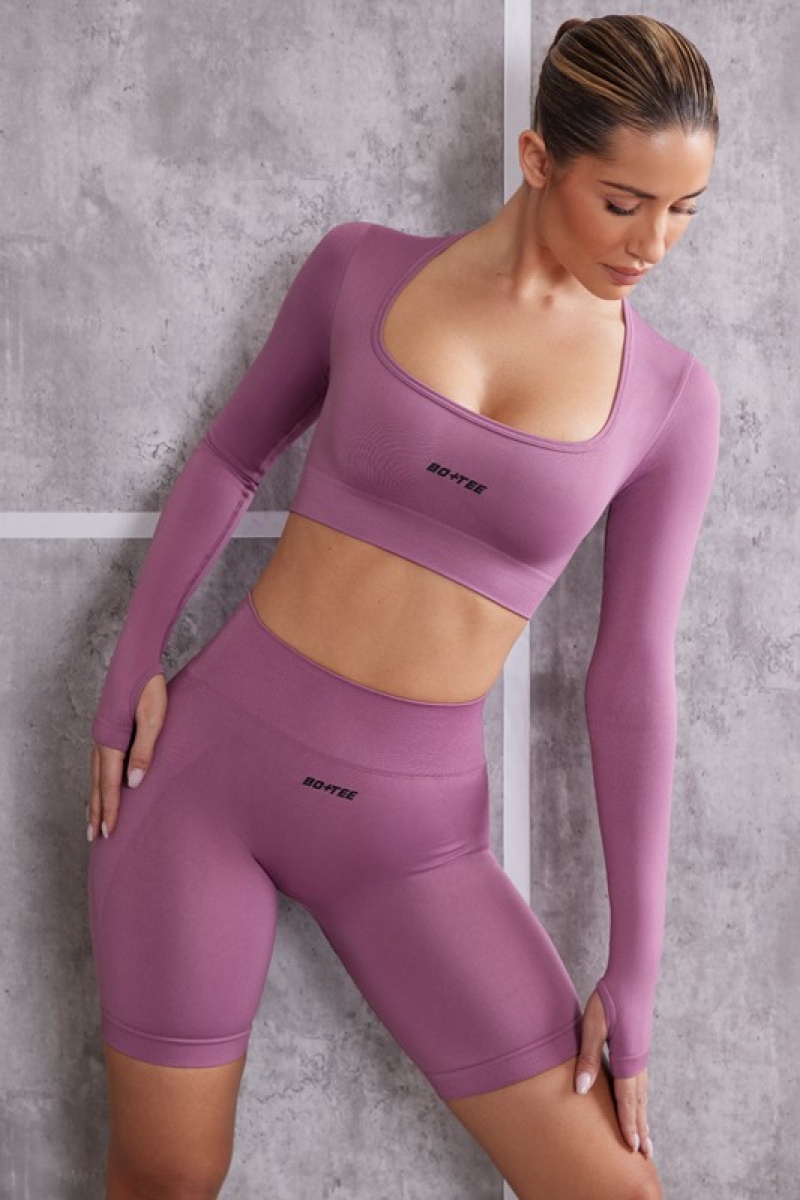 Purple Women's Bo And Tee Long Sleeve Crop Tops | 39164-GFWY