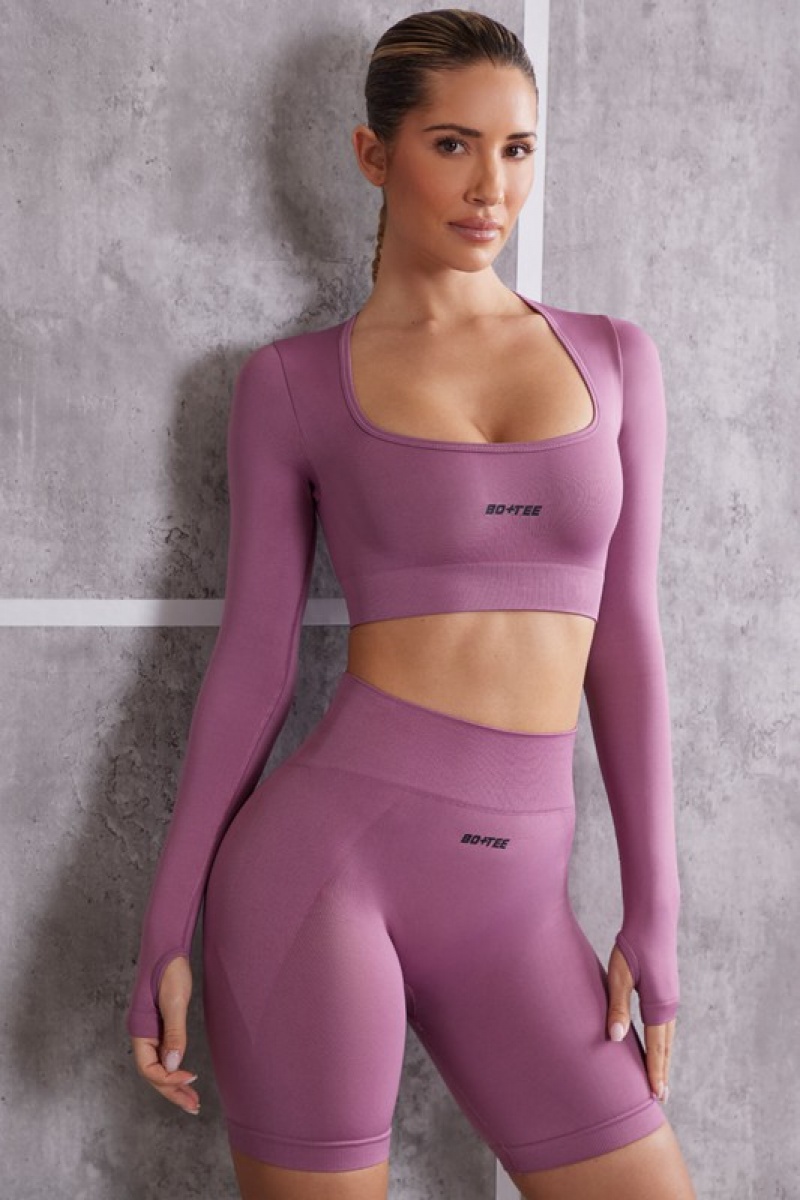 Purple Women\'s Bo And Tee Long Sleeve Crop Tops | 39164-GFWY