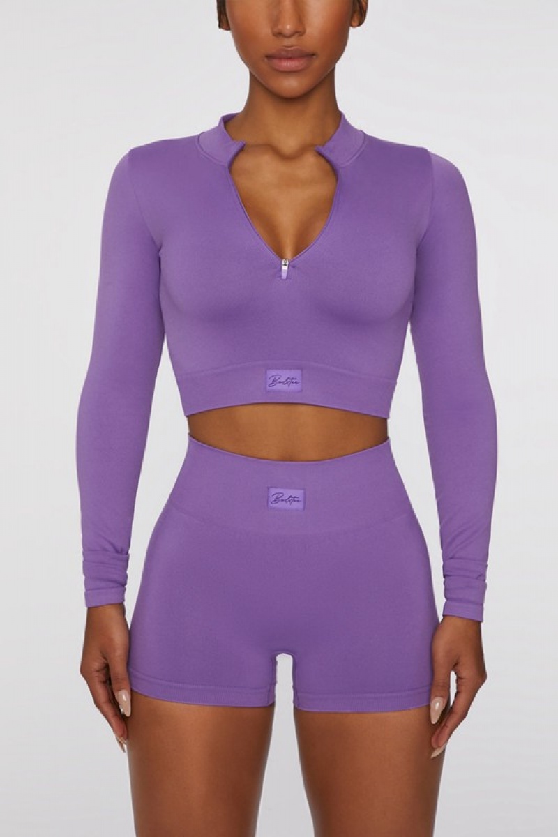 Purple Women's Bo And Tee Long Sleeve Crop Tops | 86745-KPND