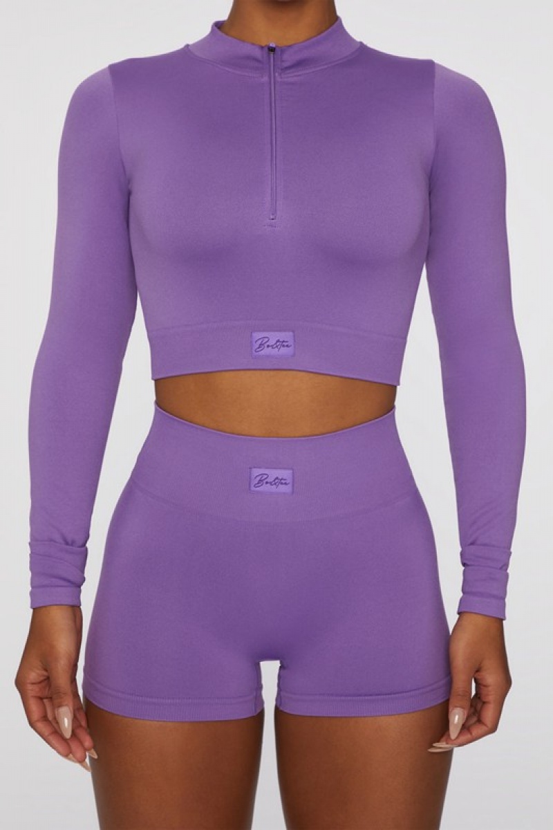 Purple Women's Bo And Tee Long Sleeve Crop Tops | 86745-KPND