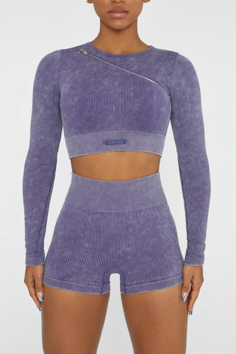 Purple Women's Bo And Tee Long Sleeve High Neck Zip Crop Tops | 49560-JDXN