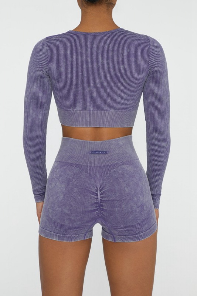 Purple Women's Bo And Tee Long Sleeve High Neck Zip Crop Tops | 49560-JDXN