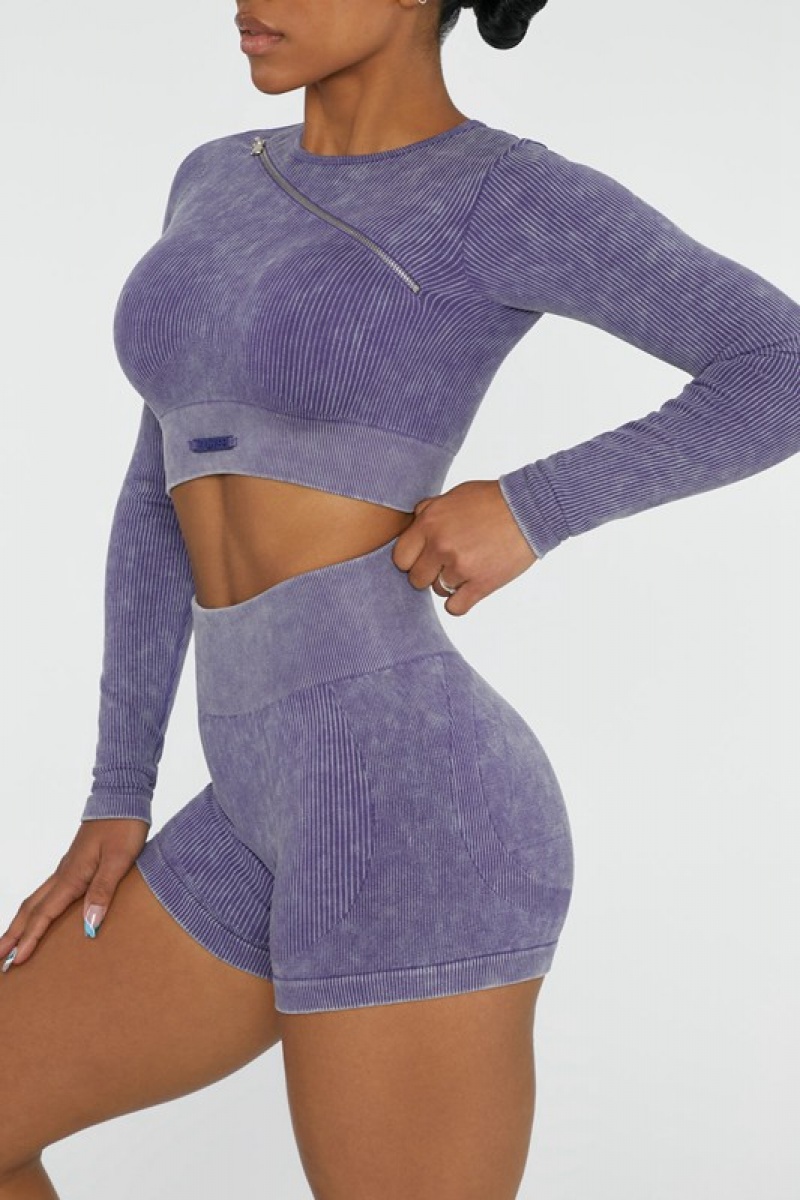 Purple Women's Bo And Tee Long Sleeve High Neck Zip Crop Tops | 49560-JDXN