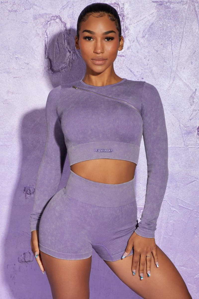 Purple Women\'s Bo And Tee Long Sleeve High Neck Zip Crop Tops | 49560-JDXN