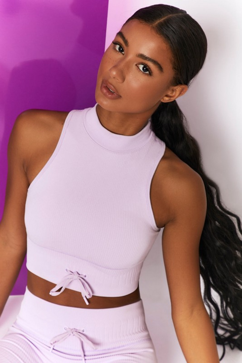 Purple Women's Bo And Tee Ribbed High Neck Crop Tops | 96083-WMES