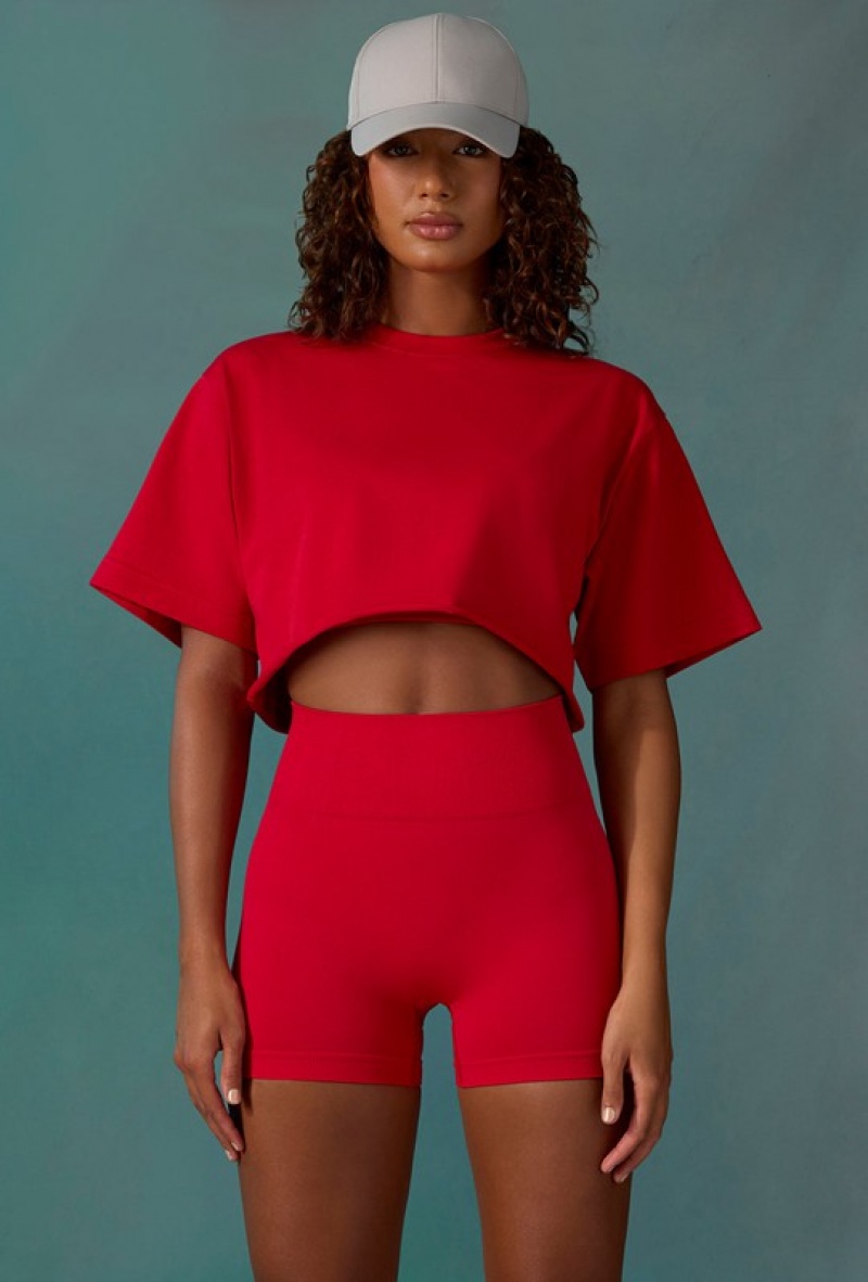 Red Women's Bo And Tee Cotton Cropped Oversized T Shirts | 40168-QCKZ