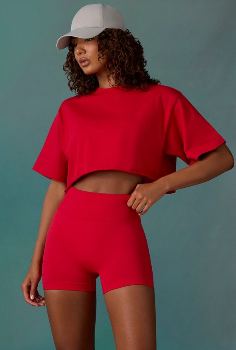 Red Women's Bo And Tee Cotton Cropped Oversized T Shirts | 40168-QCKZ