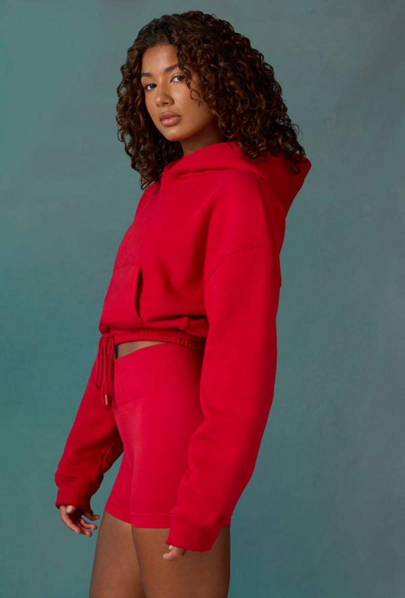 Red Women's Bo And Tee Cropped Drawstring Hooded Sweatshirts | 56279-CRKE