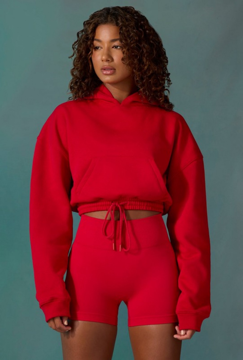 Red Women's Bo And Tee Cropped Drawstring Hooded Sweatshirts | 56279-CRKE