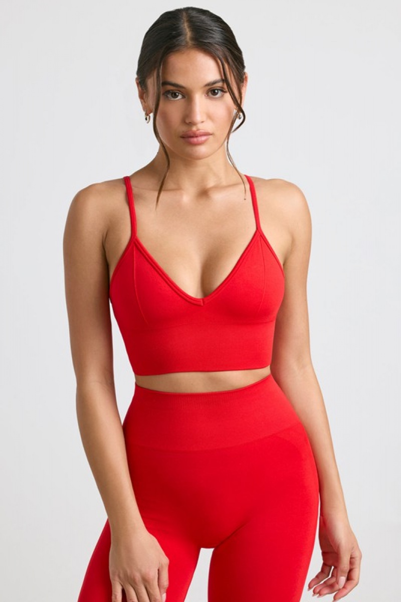 Red Women's Bo And Tee V-Neck Define Luxe Sports Bra | 67892-ZTWN