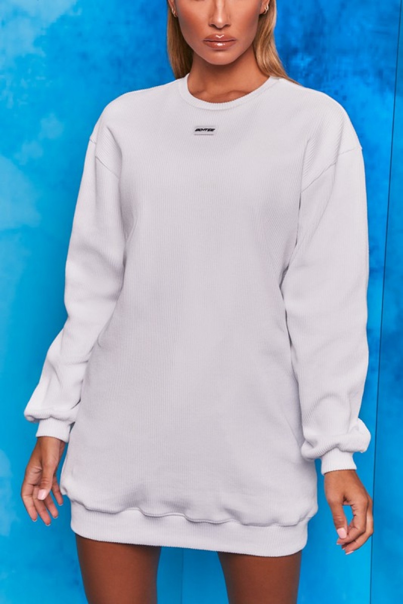 White Women's Bo And Tee Ribbed Longline Sweatshirts | 95863-TNBW