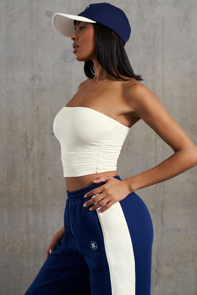 White Women's Bo And Tee Soft Rib Ruched Bandeau Tops | 18706-VSJA