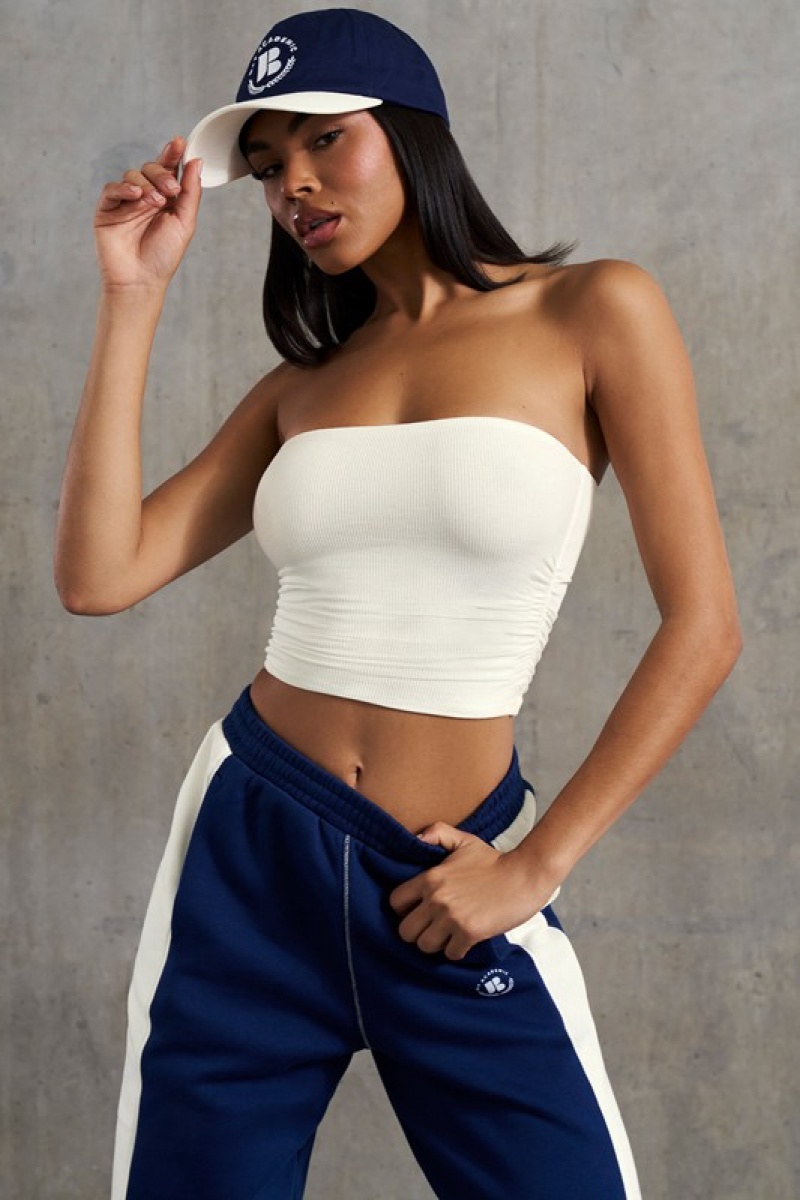 White Women's Bo And Tee Soft Rib Ruched Bandeau Tops | 18706-VSJA