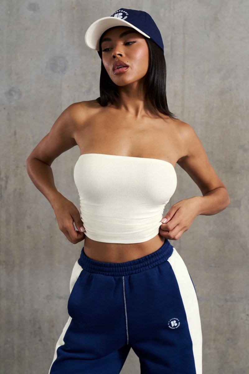 White Women's Bo And Tee Soft Rib Ruched Bandeau Tops | 18706-VSJA