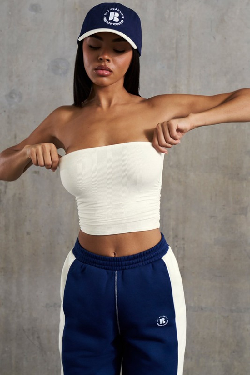 White Women's Bo And Tee Soft Rib Ruched Bandeau Tops | 18706-VSJA