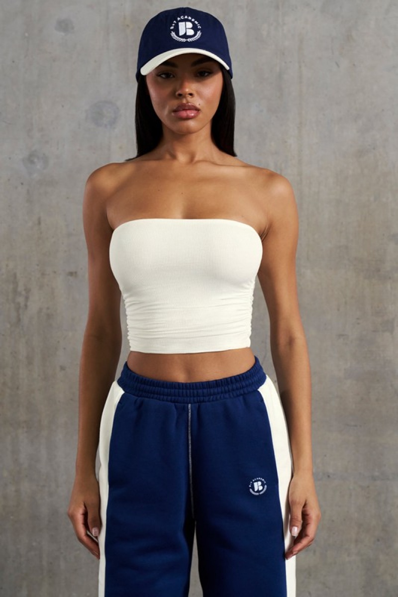 White Women's Bo And Tee Soft Rib Ruched Bandeau Tops | 18706-VSJA