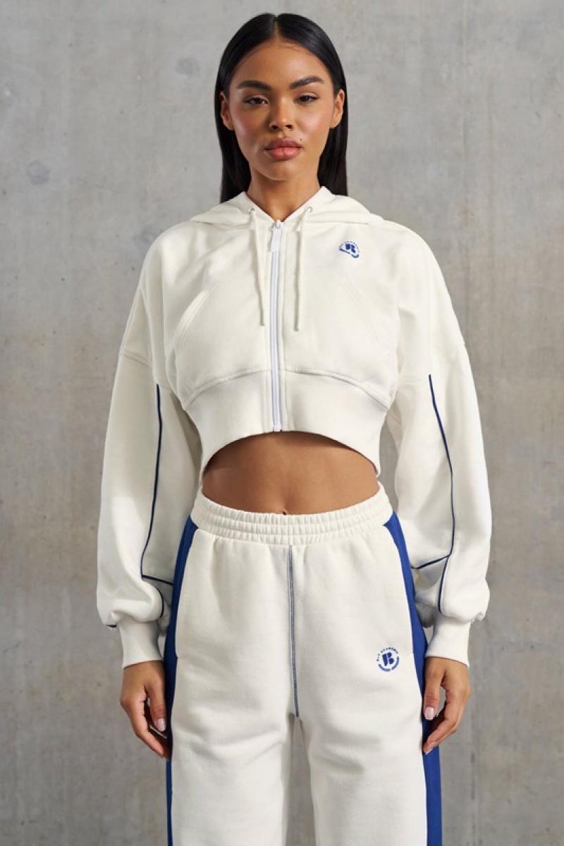 White Women's Bo And Tee Waffle Lined Cropped Zip Up Hooded Jacket Jackets | 24103-QNGP