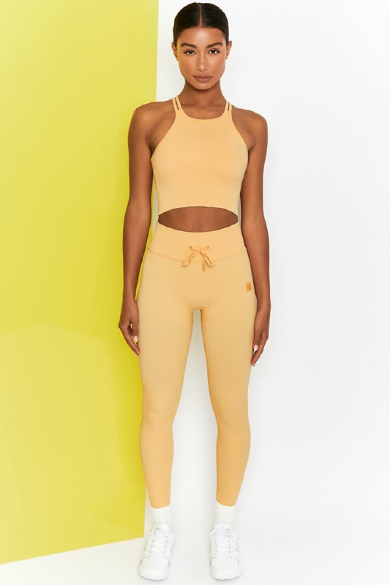 Yellow Women's Bo And Tee Ribbed Tie Front Full Length Leggings | 75910-LGXE