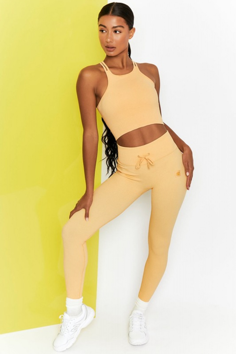 Yellow Women's Bo And Tee Ribbed Tie Front Full Length Leggings | 75910-LGXE